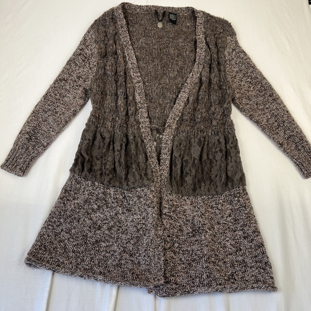 BKE Boutique Womens Brown Lace Cable Knit Open Front Cardigan Sweater Small